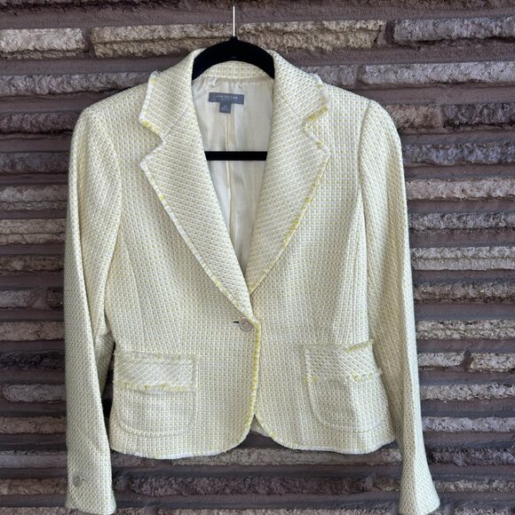 Ann Taylor Yellow Tweed Raw Edge Fringe Fitted Blazer Jacket Size 4 Petite - Picture 5 of 7